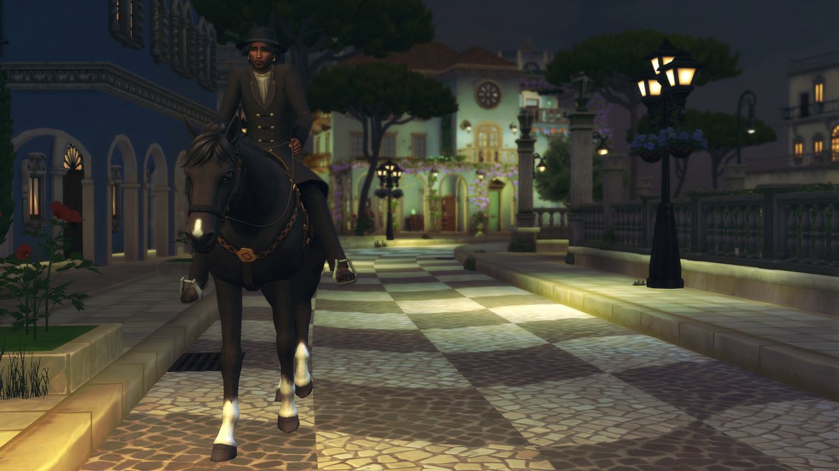 Comme je n'ai pas oublié que mes mondes manquaient de chevaux, Aloisio s'est procuré un bel étalon Lusitanien. Ils apprennent à se connaître, surtout que Vilao est un poil agressif 😬 #LesSims4 #RoyaltyandLegacy #Sims4