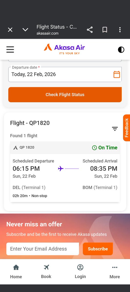 chokhani_sumit's tweet photo. @AkasaAir how's flight that's delayed by 45 minutes so far still be shown as 'on time' on your website. Indian aviation is becoming just plain lies and outlawness. @narendramodi  @AmitShah this is 'vikasit bharat' ? https://t.co/oWgdFxc7ss
