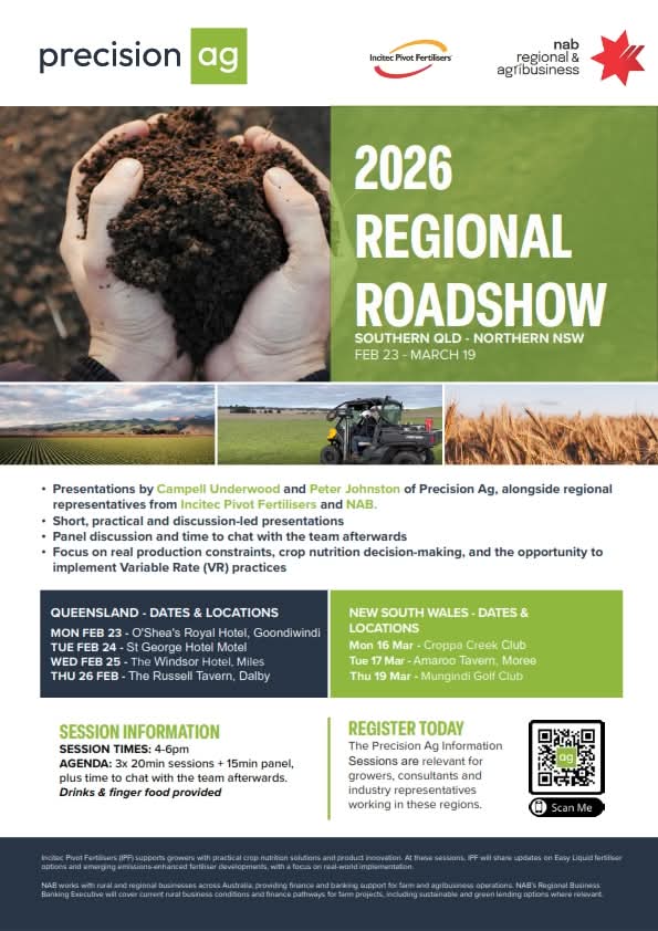CampbellUnderw3's tweet photo. Coming along to one of our information sessions this week? 
Register to attend here: https://t.co/jA9wUnLNIs 

📍Goondiwindi
📍St George
📍Miles
📍Dalby

5pm start in Gundy, all others 4pm start. 

@AgPrecision @IPFertilisers @NAB #variablerate #precision https://t.co/TBRMcQUPST