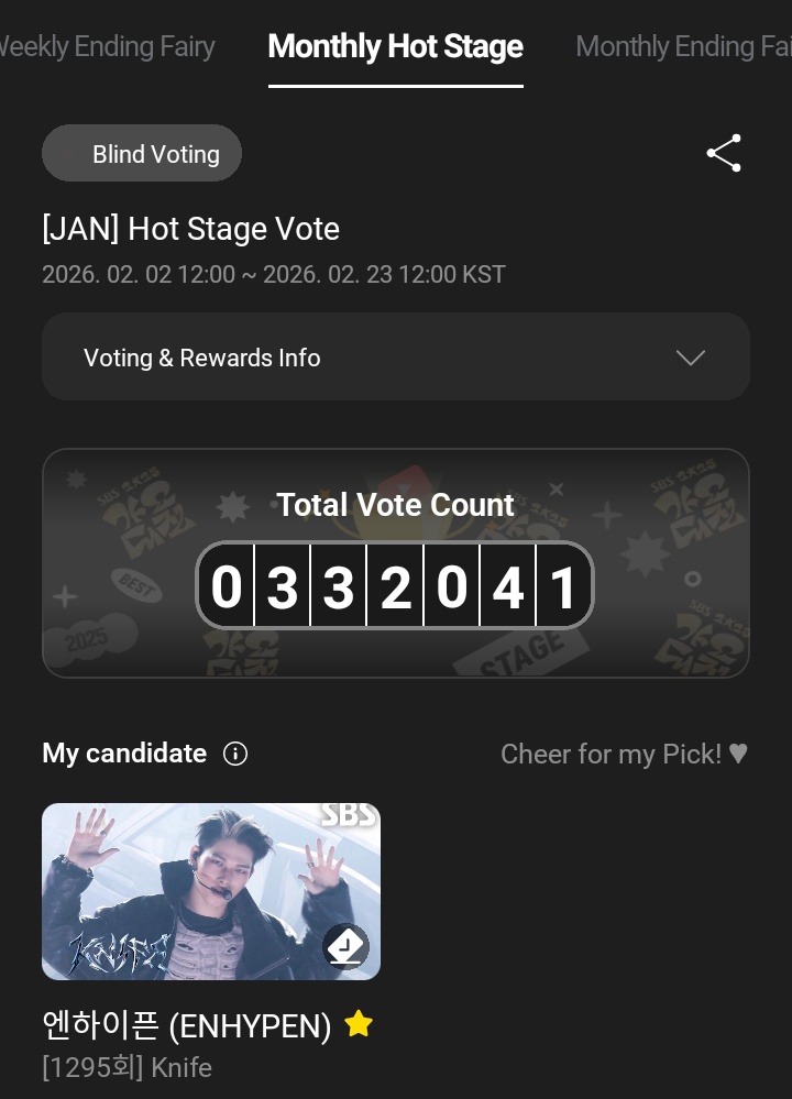 [JANUARY - MONTHLY HOT STAGE] HIGHER

ENGENEs, Monthly Hot Stage voting akan berakhir sekitar 17  jam lagi!

Jangan lupa collect dan vote "Knife" ✊🏻

📅 End 23 Februari, 10.00 WIB 
🗳️ Unlimited (1 vote = 20 rubies/2 diamond)
🔗 myhigher.chottu.link/vVklKN

#ENHYPEN #엔하이픈