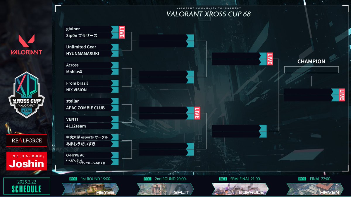 #VALORANT #XrossCup 68🏆

まもなくこちらの試合を開始いたします❗️

1st Round Map Abyss🔥
giviner vs 3ip0nブラザーズ

🟣Twitch
twitch.tv/xdivisiongame

#XDIVISION