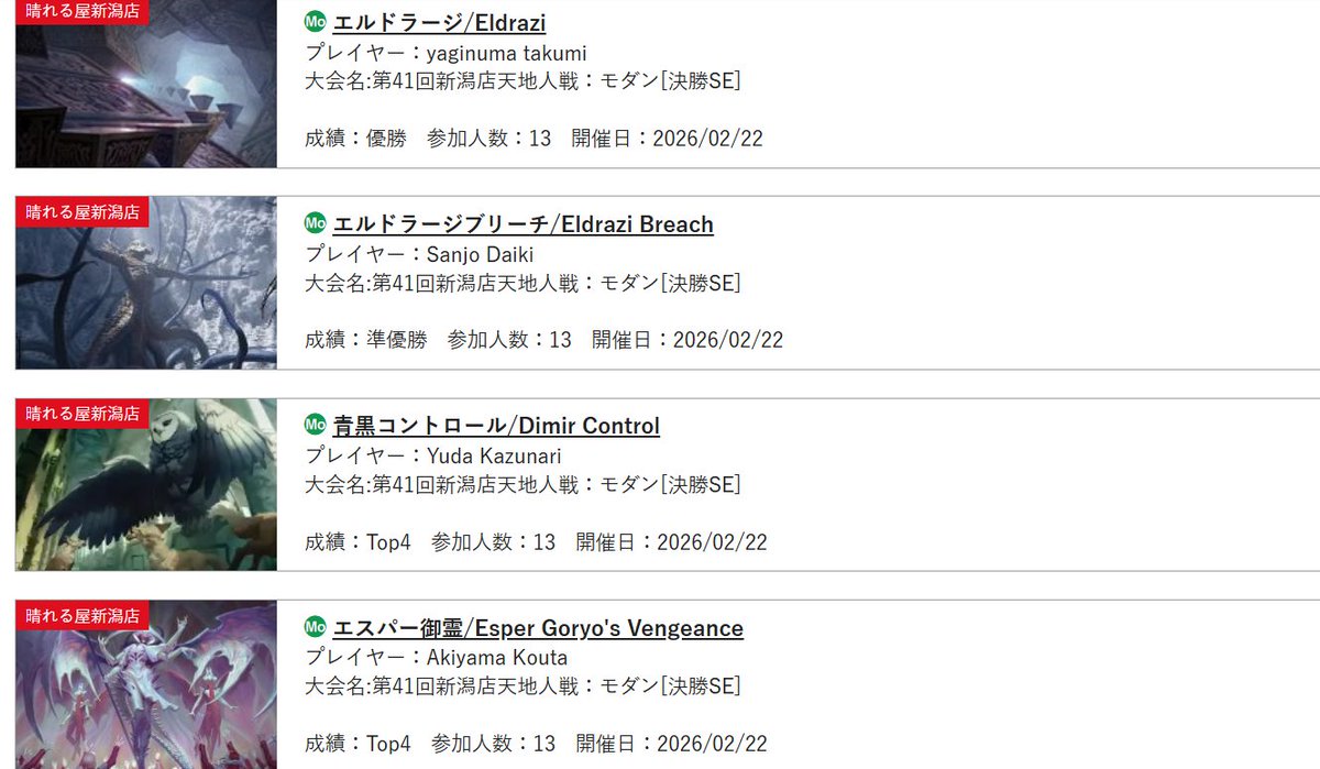 大会情報】 『第41回新潟店天地人戦：モダン』上位入賞者のデッキ
