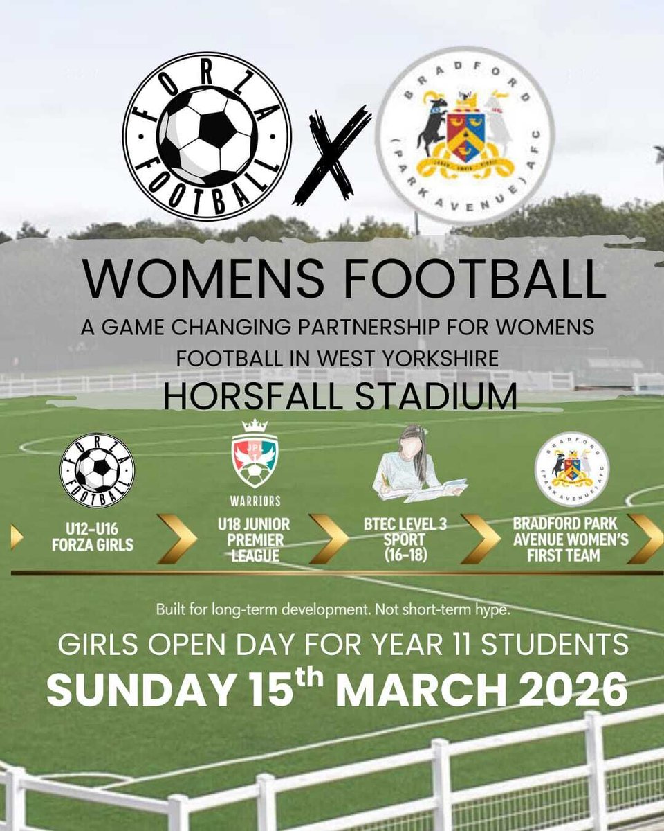 🚨 OFFICIAL | BPA x Forza 🚨

Launching Sept 2026: 16–18 Girls Football Education Programme at Horsfall 💚

JPL football + full-time education + pathway to BPA Women

📅 Info Day: 15 March, 2–5pm
👉 Apply: buff.ly/w84Ybom

#Bradford #ParkAvenue #GreenArmy #GirlsFootball