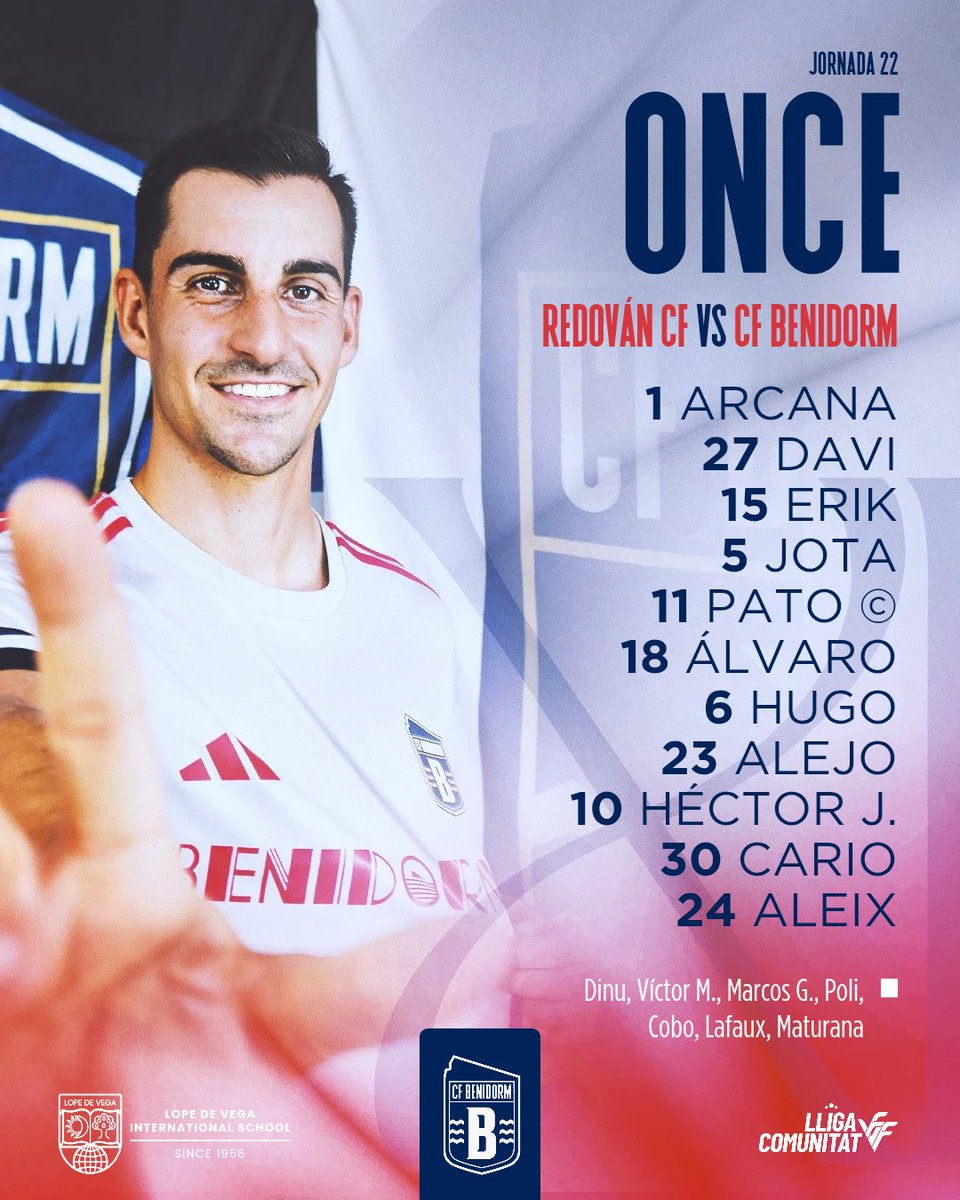 🆕💥 ¡Éste es el 1️⃣1️⃣ inicial del #CFBenidorm para hoy! 💪💙⚽

JORNADA 22 Lliga Comunitat
🆚 <a href="/RedovanCf/">Fútbol Base Redován C.F.</a> 
🕔 11.30
🏟 Campo Municipal Antonio Pascual Gil
📍 Redován, Alicante

#ILOVECFBENIDORM #YoEstabaAllí #AmuntBenidorm #VamosBenidorm