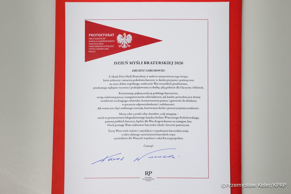 „Serdecznie Was wszystkich pozdrawiam, przekazując najlepsze życzenia i podziękowania za służbę, jaką pełnicie dla Ojczyzny i bliźnich”. 

Z okazji Dnia Myśli Braterskiej Prezydent RP Karol Nawrocki wystosował okolicznościowe kartki z życzeniami, które zostały rozesłane do