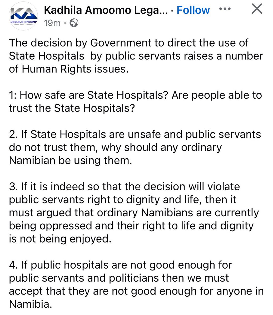 Exactly my arguments too.
Thank you Tate <a href="/Dilukeni/">Lt Kadhila Amoomo</a> 

On employee - Employer relations, Govt only promised Healthcare for their employees, but did not say Private Healthcare. 👀.