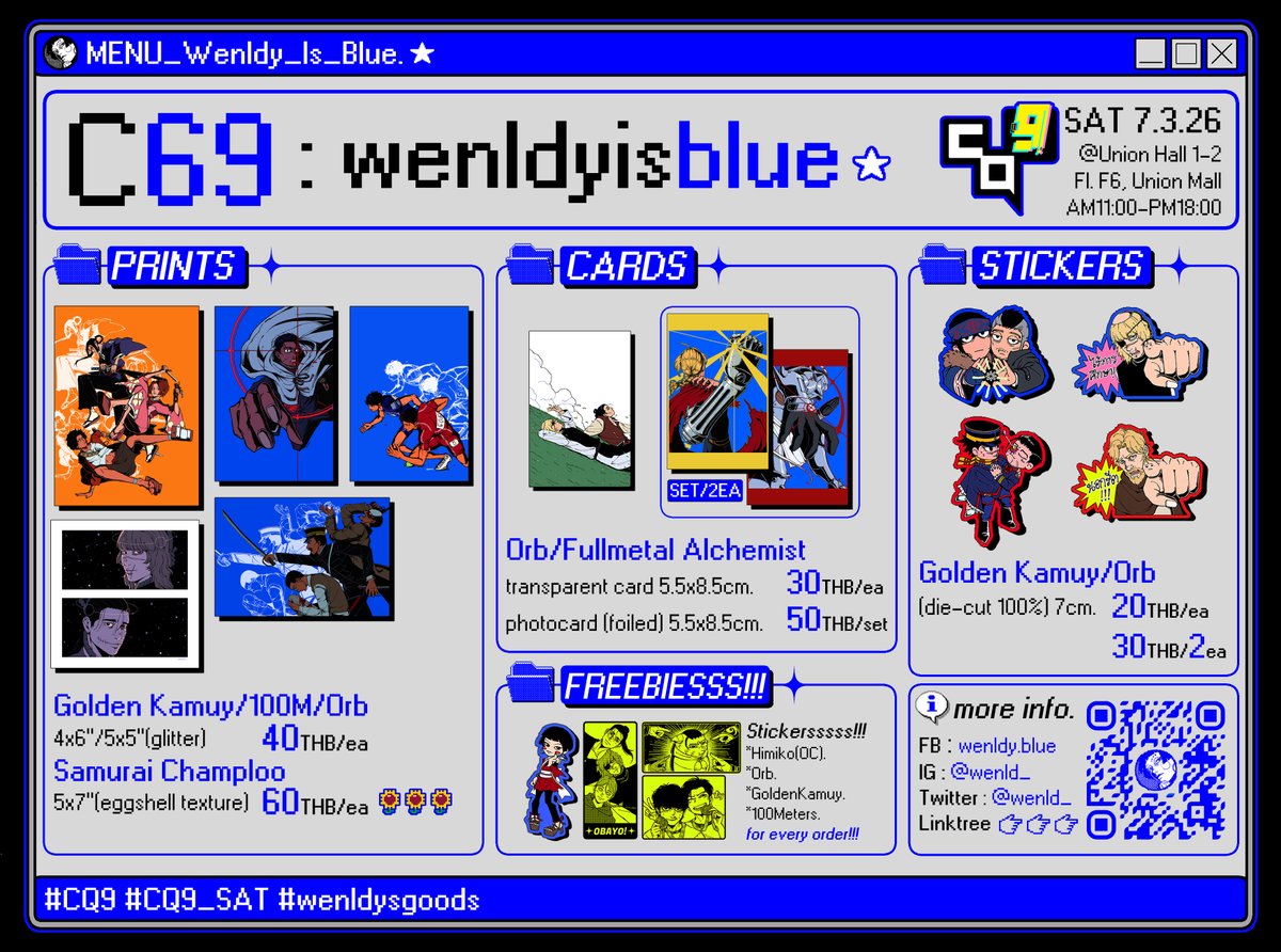 ใบเมนูบูท C69 มาแล้วค่า✨ 
ทำของไปไม่เยอะ ออกบูทครั้งแรกฝากด้วยค่ะ ;-;

จะทยอยลงงานจริงในรีพลายนะคะหรือกดดูในแท็ก #wenldysgoods ได้เลยคับ

เจอกันวันเสาร์ 7 มีนา ค่าาาา เย่ๆๆ🌻🏃‍♂️🪙🦾🌏
#CQ9 #CQ9_SAT