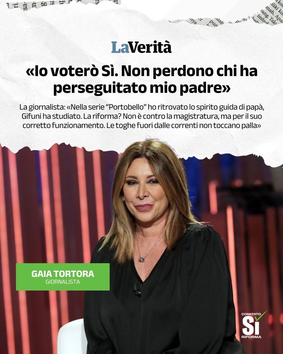 Si_Riforma's tweet photo. «Io voterò Sì. Non perdono chi ha perseguitato mio padre». #GaiaTortora su @LaVeritaWeb : la riforma non è contro la magistratura: è pensata per farla funzionare meglio.
#SìRiforma #referendum #tortora #portobello #ilgiudiceseitu https://t.co/p5LWw8o3V6