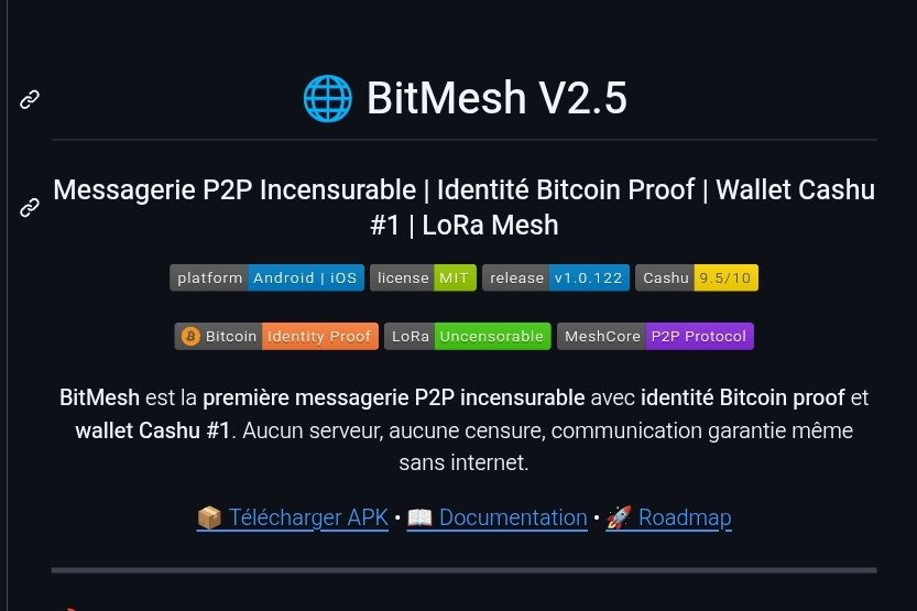 Silexperience's tweet photo. Excited to introduce BitMesh: A censorship-resistant P2P 🌐📩⚡ messaging app with Bitcoin-derived identities, full Cashu wallet (mint/melt/swap), and offline comms via LoRa, BLE & MQTT. E2E encrypted DMs, forums, multi-hop routing—no servers needed! 🚀🔒
Check it out: https://t.co/mKNocXFo6V
#Bitcoin #P2P #Privacy #MeshNetwork