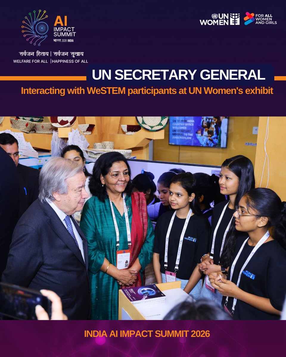 UNSG <a href="/antonioguterres/">António Guterres</a> visited the <a href="/UN_Women/">UN Women</a> stall at the JanAI Expo during #IndiaAISummit2026. Young women from rural India under the WeSTEM project shared how they’re using AI to build skills, expand access &amp; unlock new opportunities, turning aspiration into action. 

#AIforGood