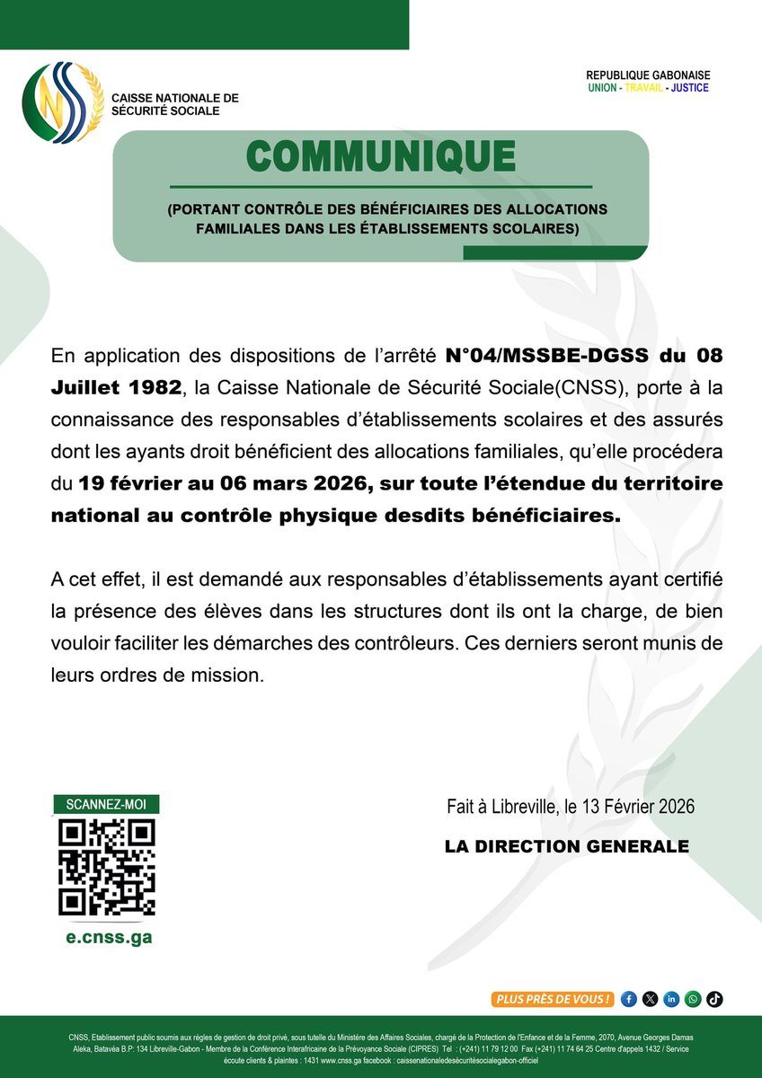 🔴RAPPEL COMMUNIQUE CNSS : Portant contrôle des bénéficiaires des Allocations Familiales dans les établissements scolaires

Suivez l'actualité de la 𝐂𝐍𝐒𝐒 à travers nos différentes plateformes online 📱💻