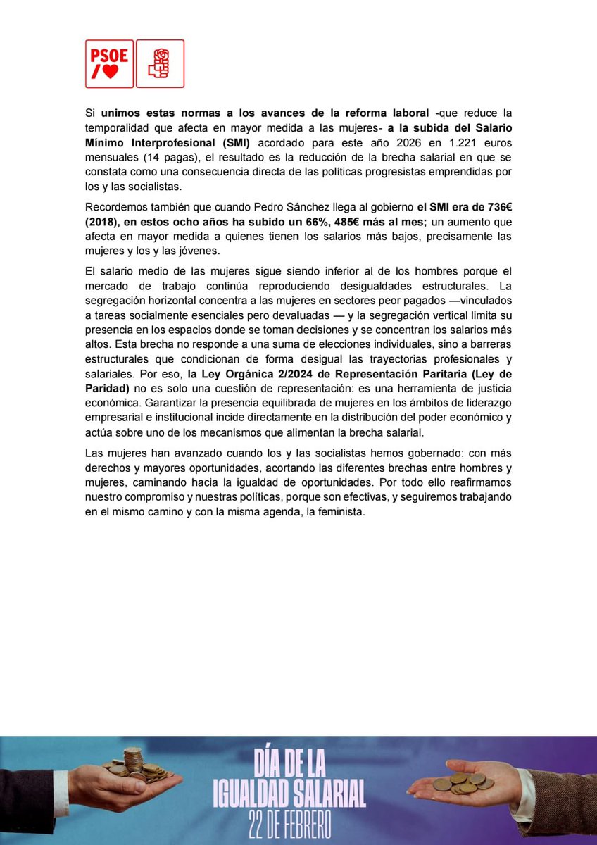 Hoy, #22F, reivindicamos la igualdad salarial entre mujeres y hombres.

La brecha existe, y hay que seguir combatiéndola con políticas públicas y empleo digno.

Porque la igualdad también se mide en el salario. 💜