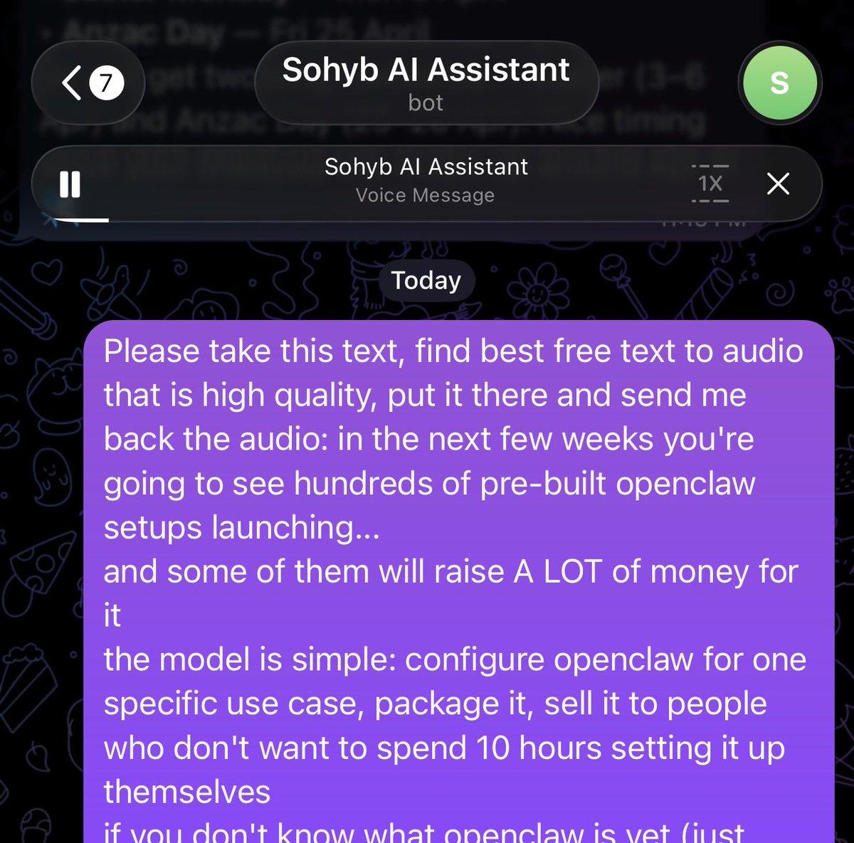 Sohyb_AI's tweet photo. Openclaw Use Case:

Send an article or text and turn it into Audio https://t.co/qoerHBSIrS