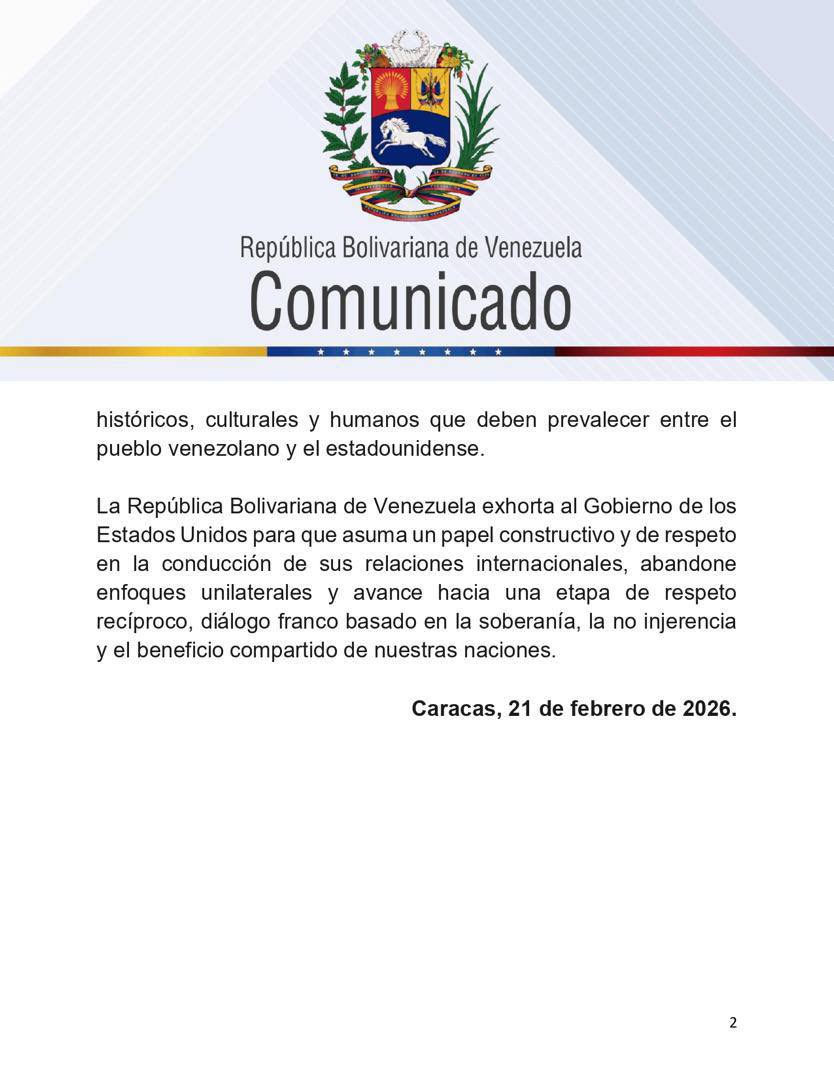 Venezuela_088's tweet photo. La República Bolivariana de Venezuela rechaza categóricamente la renovación de la denominada “emergencia nacional”prorrogada el #18Feb de 2026 por el Gobierno de los EEUU, en continuidad de la Orden Ejecutiva 13692 firmada el #8Mar de 2015 por el entonces presidente Barack Obama. https://t.co/AEnvShV2oN