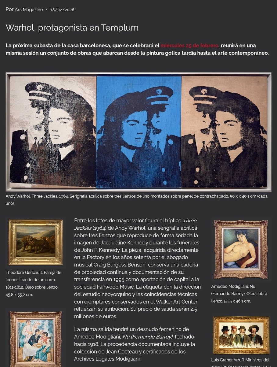 Se subasta el tríptico Three Jackies (1964) de Andy Warhol y un Modigliani.
<a href="/ArsMagazine/">Ars Magazine</a>