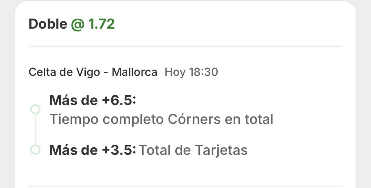 ➡️ 3a Apuesta de hoy
⚽️ Combinada Celta - Mallorca

🍀 +6,5 córners y +3,5 Tarjetas

📍Únete a nuestro canal aquí
(t.me/+TCLWxna05O9iM…)

#futbol #laliga #celta #mallorca #apuestas #dinero