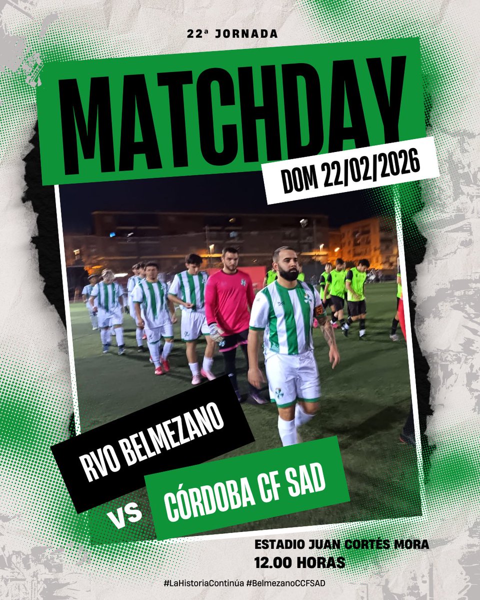 🔥 #MatchDay

En poco más de media hora disputamos una nueva jornada 💥💪

🆚 <a href="/RvoBelmezano/">Recreativo Belmezano</a> 
🏟️ Estadio Juan Cortés Mora
📆 Domingo 22/02/2026
⏱️ 12.00h

¡Vamos Córdoba Club de Fútbol SAD! 🤍💚

#LaHistoriaContinúa #BelmezanoCCFSAD