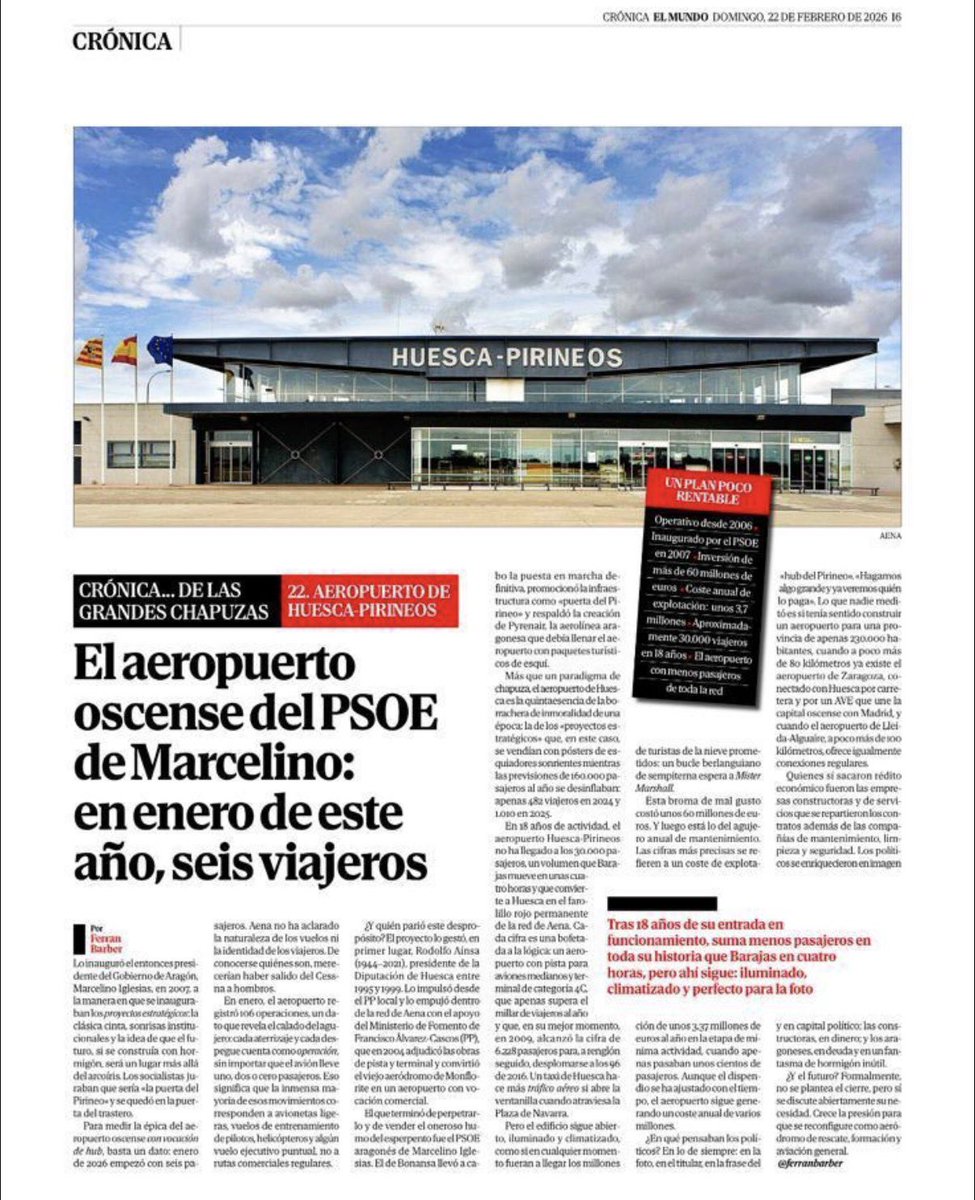 En el apartado de grandes bulos destaca este de hoy. El aeropuerto de Huesca lo promovió el Presidente de la Diputación Oscense, Rodolfo Aínsa, del PP y lo construyó Francisco Álvarez Cascos. Los expertos en reescribir la historia, en unos años nos contarán que las subidas del