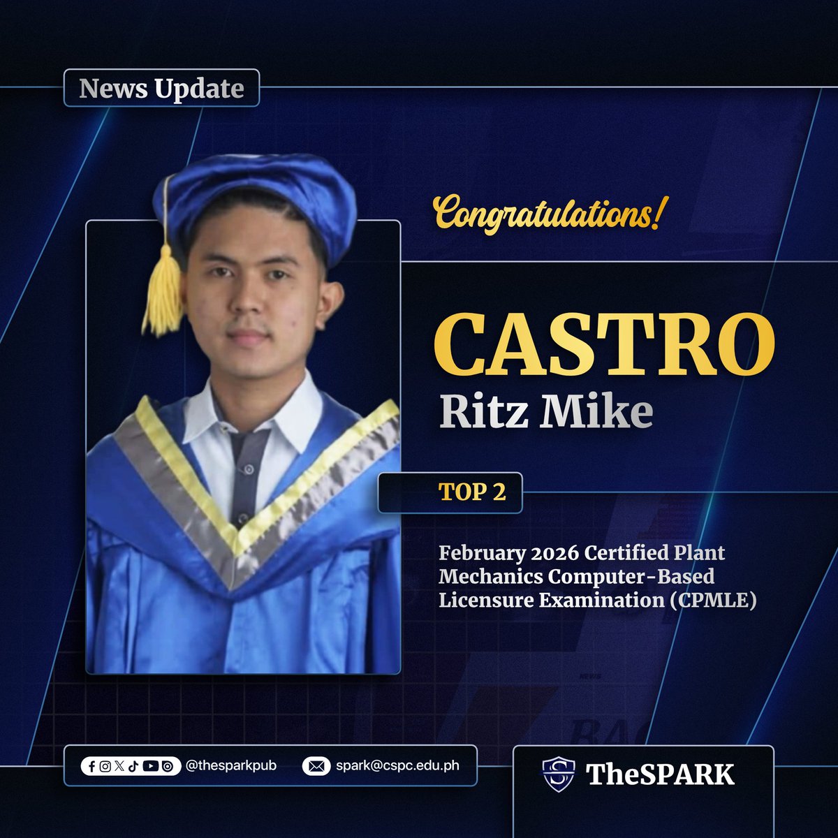 thesparkpub's tweet photo. Ritz Mike Audal Castro, one of the three passers, finished second in the national leaderboard with a score of 87.60 percent.

As per the Professional Regulation Commission (PRC), CSPC recorded a perfect passing rate way above the national success rate of 83.33 percent. https://t.co/EIQYxExlIJ