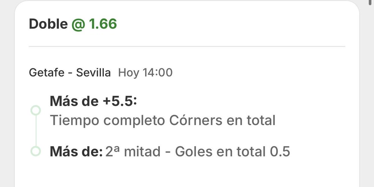 ➡️ 1a Apuesta de hoy
⚽️ Combinada Getafe - Sevilla

🍀 +5,5 córner y gol en 2aMitad

📍Únete a nuestro canal aquí
(t.me/+TCLWxna05O9iM…)

#futbol #laliga #sevilla #getafe #apuestas #dinero