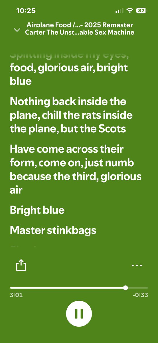 scougal's tweet photo. @mrjimBob Spotify really nailed your lyrics. I’m gonna be singing Master Stinkbags forever now! Airplane Food! https://t.co/IpHUQINot3