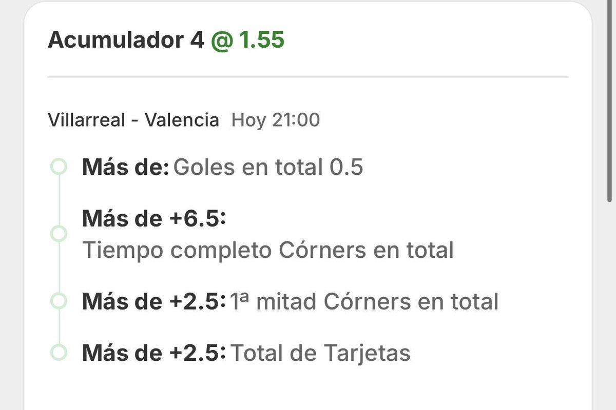 ➡️ 4a Apuesta de hoy
⚽️ Combinada Villarreal - Valencia

🍀 +0,5 Goles + 6,5 córners + 2,5 corners 1aMitad + 2,5 Tarjetas

📍Únete a nuestro canal aquí
(t.me/+TCLWxna05O9iM…)

#futbol #laliga #villarreal #valencia #apuestas #dinero