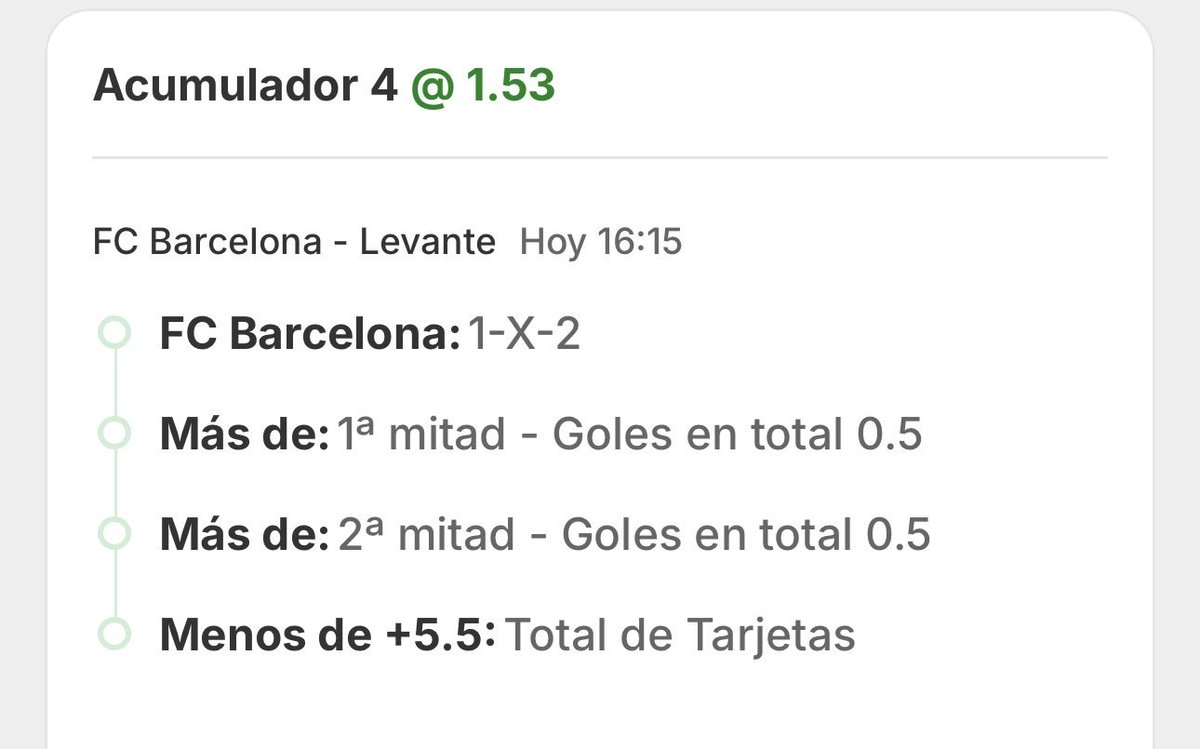 ➡️ 2a Apuesta de hoy
⚽️ Combinada Barça - Levante

🍀 Barça + Gol 1aMitad + Gol 2aMitad + -5,5 tarjetas

📍Únete a nuestro canal aquí
(t.me/+TCLWxna05O9iM…)

#futbol #laliga #barça #apuestas #dinero #levante