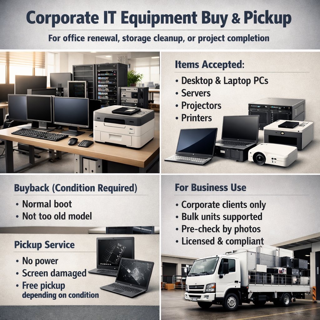 3939_satos56195's tweet image. 🏢 Corporate PC &amp;amp; IT Equipment Buyback &amp;amp; Recycling ♻️
Office upgrades, warehouse cleanups, project closures.

#PCBuyback #ITRecycling #CorporateService #FreePickup #OfficeCleanup