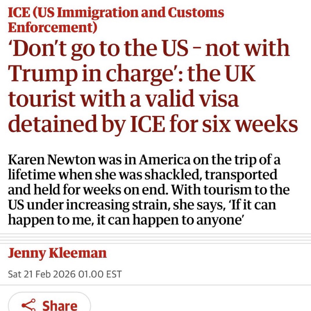 Imagine booking a holiday and getting an orange jumpsuit instead of a hotel key.

Here’s what actually happened: Karen Newton, a UK tourist travelling in the US with a valid visa, was detained by ICE, shackled, transported, and held for roughly six weeks. Her trip of a lifetime