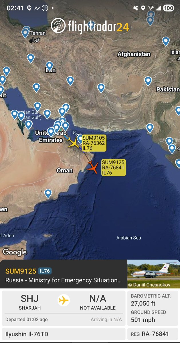 Borrowed7Time's tweet photo. After a stop at Sharjah, the 2 Russian Ministry for Emergency Situations IL-76TDs are tracking over the Arabian Sea.
RA-76841 #152C29 as SUM9125
RA-76362 #152A4A as SUM9105
@sipjack1776 @thereccelizard @holgidaun @RBbethetruth @LadyAstroJet https://t.co/I38lGDMKsE