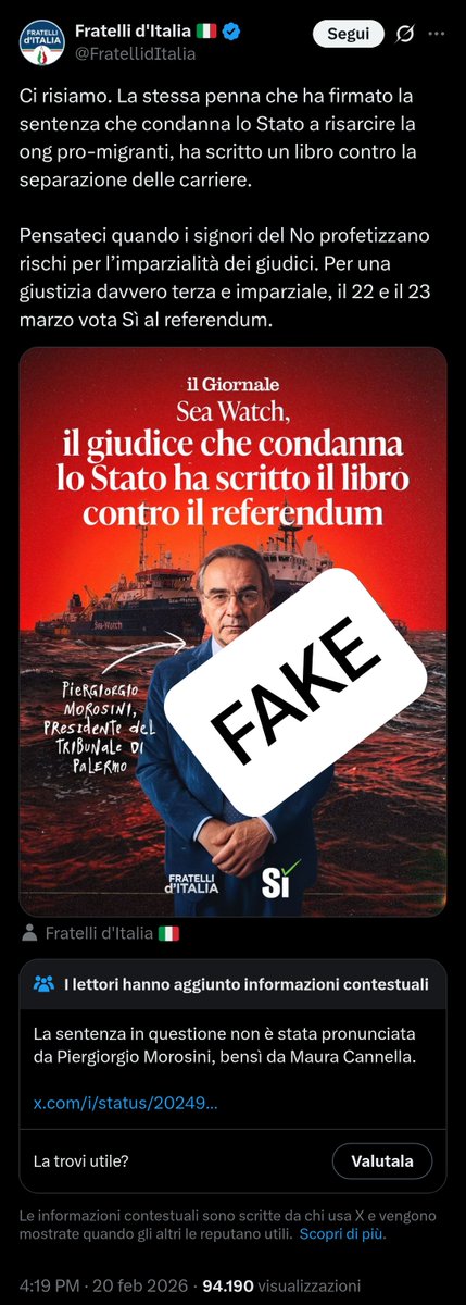 <a href="/FratellidItalia/">Fratelli d'Italia 🇮🇹</a> <a href="/GiorgiaMeloni/">Giorgia Meloni</a> Stanno inquinando la campagna referendaria con bufale, delegittimazioni e persino manifesti falsi per confondere gli italiani. 
Per liberare la giustizia da qualsiasi condizionamento, l’unica risposta è votare NO.