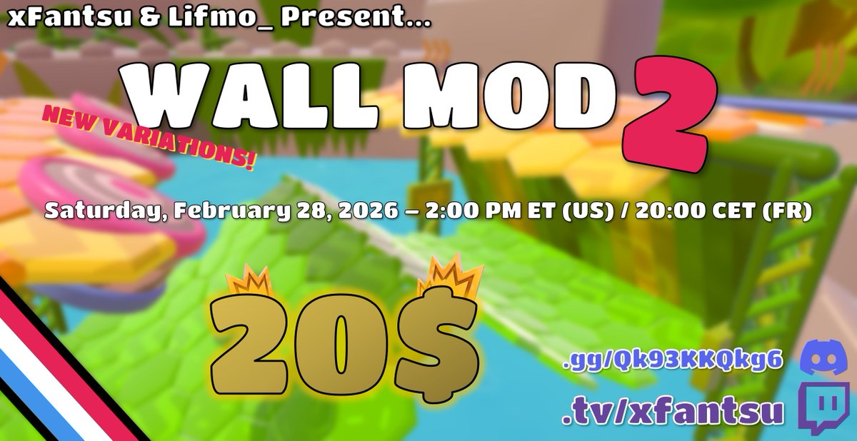 WALL MOD 2 ft. <a href="/lololifmo/">Lifmo_</a> 

A roughly Two-hour Saturday evening Tournament filled with Jungle Wall variations, including brand new ones!

20$ of Prize Pool. Winner Takes it all 🤑

SIGN UP HERE : discord.gg/bnwJJMJNdZ 🔥