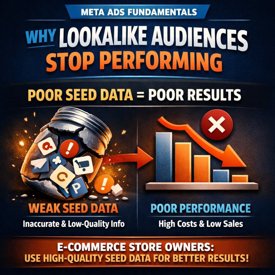 Lookalike audiences don’t “burn out.”

They degrade when seed data degrades.

If your source includes low-value buyers,
Meta will scale more of them.
Quality in → Quality out.

🔗 rakiburzaman.com

#EcommerceAds #MetaAds #LookalikeAudience #PaidMedia #AdStrategy #ROAS