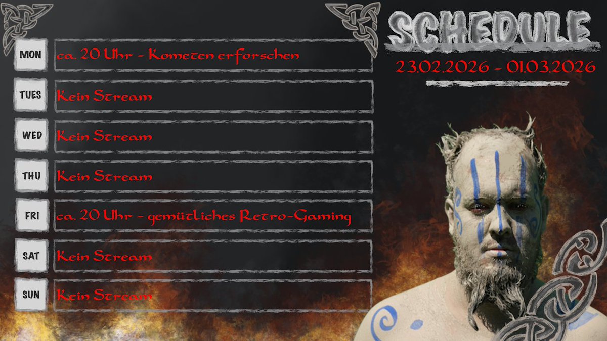 Plan für die Woche ist dann auch gemacht. Montag und Freitag gibts Stream. Mittwoch bin ich Abends unterwegs.