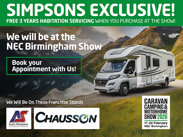 SimpsonsMCC's tweet image. We're at the Caravan, Camping and Motorhome Show 2026 at NEC Birmingham Show from today to 22nd Feb. Find us on the Chausson and Auto-Sleepers stands. We look forward to seeing you! #chausson #autosleeper #motorhomes