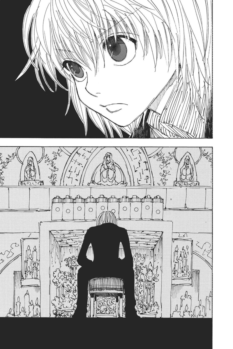 It's devastating that Kurapika has to lay his brethren's eyes to rest in a church. The massacre robbed him not only of his family, but of his culture and traditions as well. And now he's forced to mourn them in a borrowed space because there is no home left for them anymore.