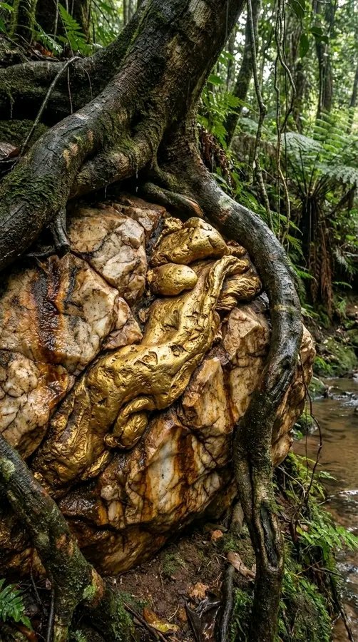 Akar hutan memeluk bongkahan kuarsa dengan kilau emas tersembunyi 💛🌿
Ilustrasi AI yang menggambarkan bagaimana alam menyimpan harta di tempat paling tak terduga—di antara batu, akar, dan aliran sungai yang tenang.