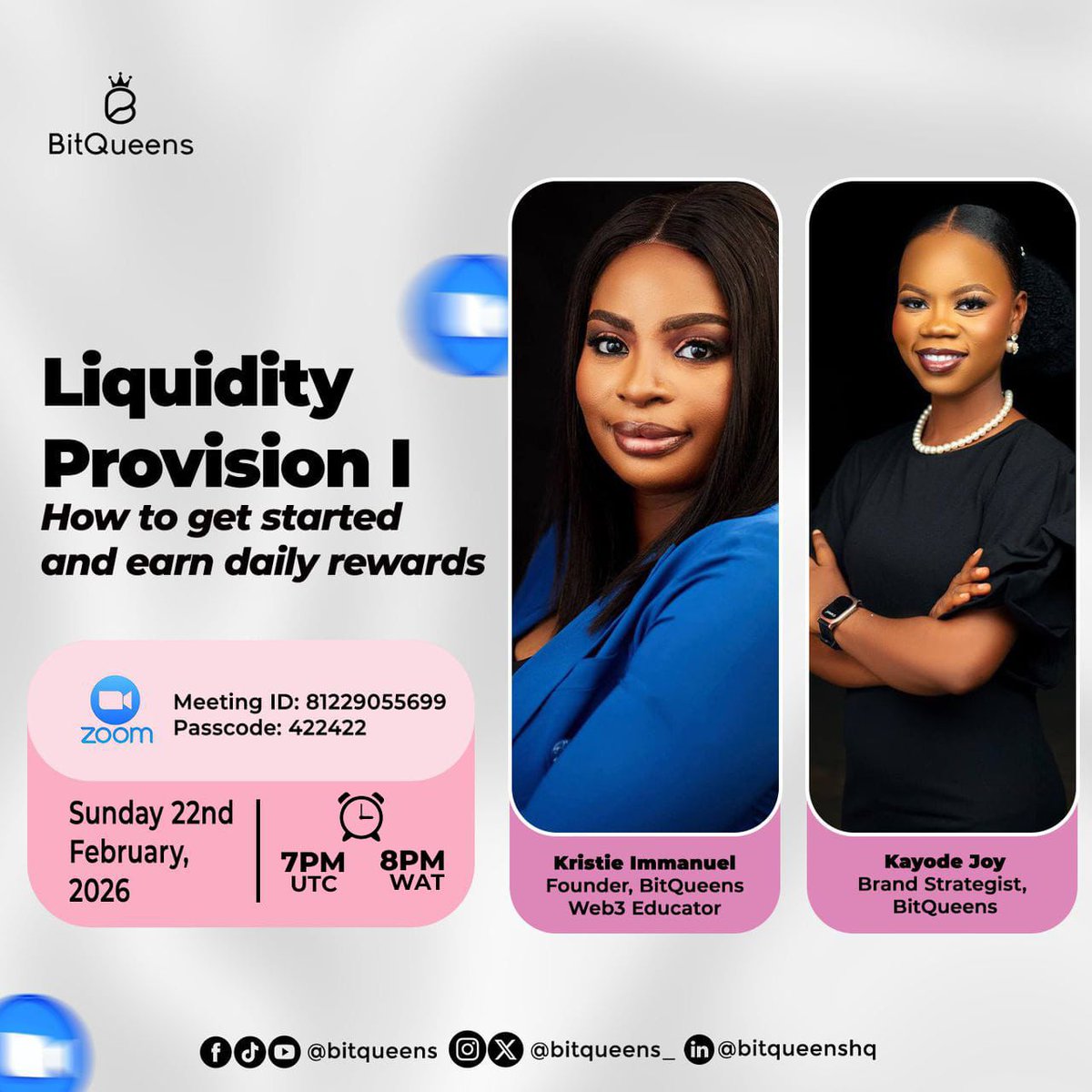 bitqueens_'s tweet photo. Happening today at BitQueens.

We are learning how liquidity provision works and how to get started confidently in Web3.

Join our live practical session to see how it works step by step and learn how to get started.

Ladies, see you at 7PM UTC | 8PM WAT

See flyer for details https://t.co/iTPeh1HjB7