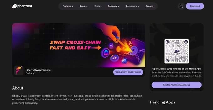 I would like the #Pulsechain community to make some noise and thank <a href="/phantom/">Phantom</a> for putting <a href="/LibertySwapFi/">Liberty Swap⚡️Bridge2Pulse™️Privacy and Freedom</a>
on their website.

PulseChain is starting to being noticed from the bigs, the time is coming...

$PLS $PLSX $HEX