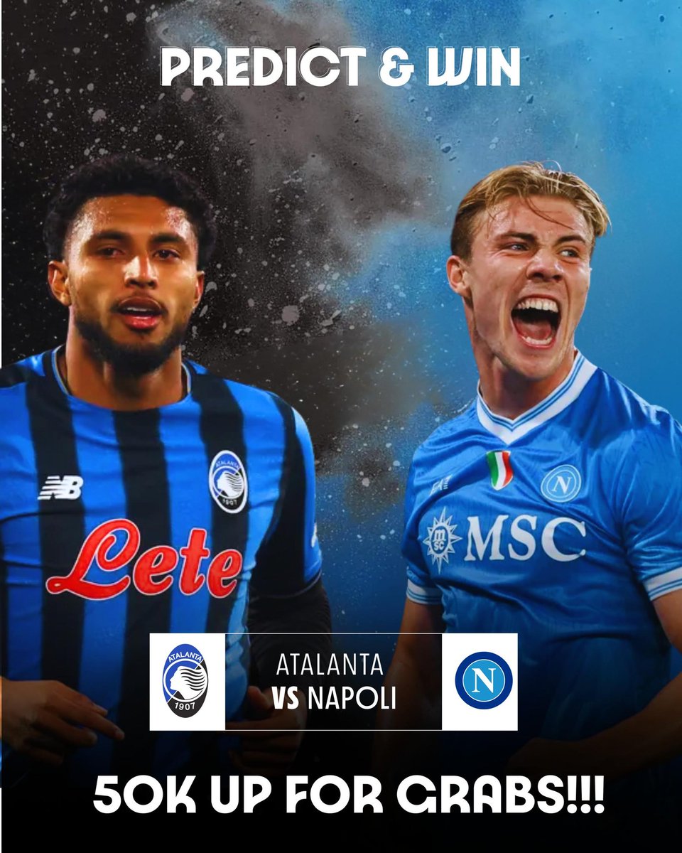 Atalanta vs Napoli 

₦10,000 each to 5 lucky winners who predict the CORRECT SCORE. 

Rules to win: 
- Follow my friends @axxelagroup &amp; <a href="/esentry_mssp/">esentry</a>  
- Comment your predictions with the screenshot. 

Please Note: Predictions end at kick off.

Winners will be selected at