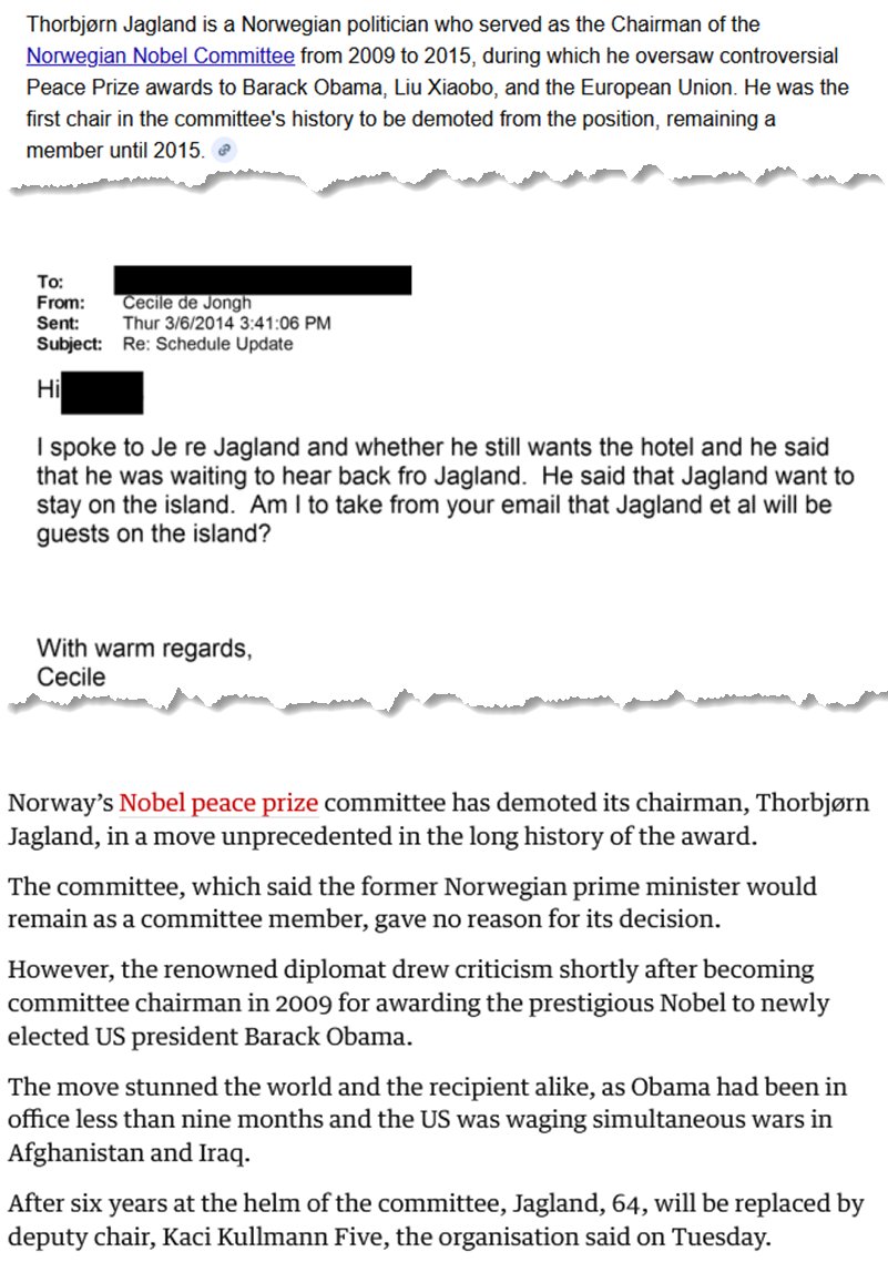 El hombre que le otorgó a Barack Obama el Premio Nobel de la Paz en 2009, y que era presidente del Comité Nobel, era un visitante habitual de la isla de Epstein.