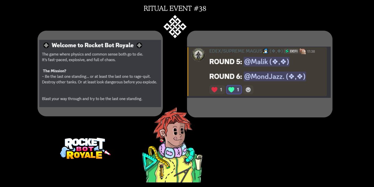 #38 Rocket Bot Royale event hosted by <a href="/EDEXEmperor/">EDEX</a> every Sunday at 10.00 am in UTC , lest join us guys next week , this is my first time to win this game, GG guys this game so fun, you guys need to try it 

Lets join us <a href="/ritualnet/">Ritual</a> <a href="/Ritualist_Indo/">Ritual Indonesia</a> Community !!! <a href="/joshsimenhoff/">Josh (❖,❖)</a>