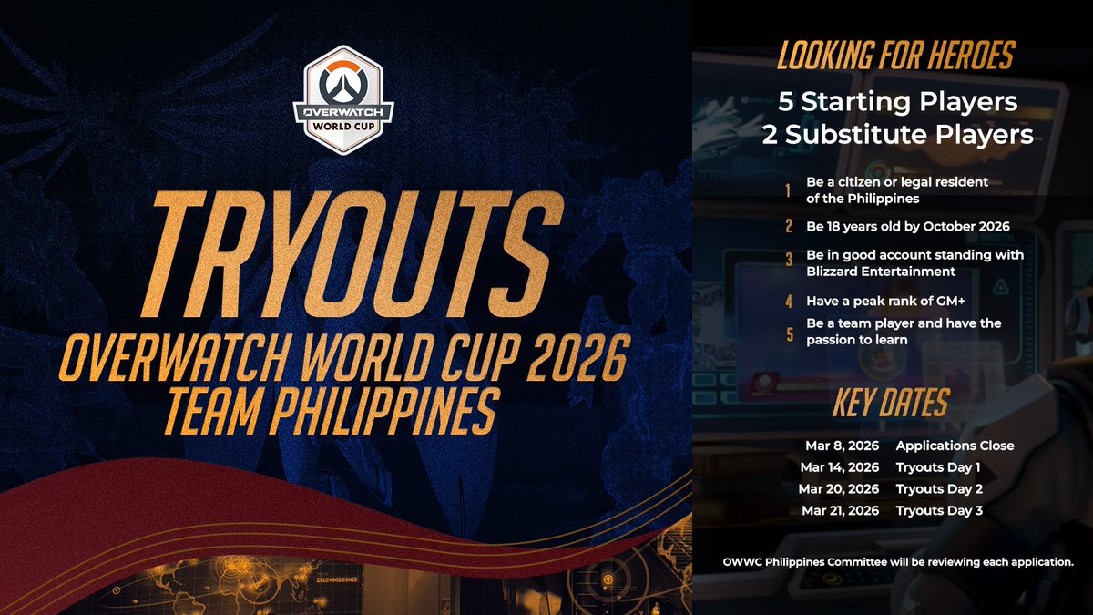 The Overwatch World Cup Philippines Team is looking for dedicated players!

☀️ Apply Here: forms.gle/sdQqseERwU6f2H…

#OWWC2026