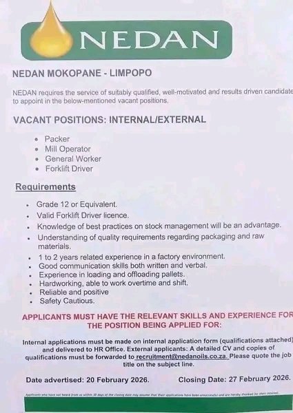 NthabelengDlam3's tweet photo. Internal and External position
#Packer
#Milloperator
#GeneralWorker
#ForkliftDricer
Location Limpopo https://t.co/YiDZ28f7Ok