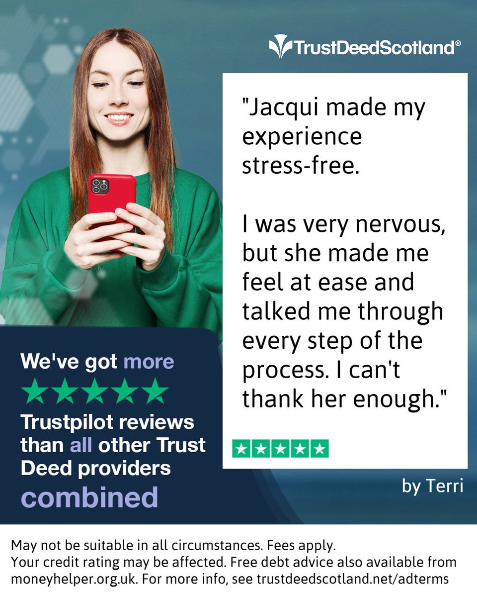 🆕 Trust Deed Scotland® <a href="/Trustpilot/">Trustpilot</a> review.
★★★★★ by Terri.

Read more reviews:
➡️ trustdeedscotland.net/reviews

What will 𝘆𝗼𝘂𝗿 Debt Help Story be?

Get started:
➡️ trustdeedscotland.net

📞 0141 221 0999

#jacquifromtrustdeedscotland