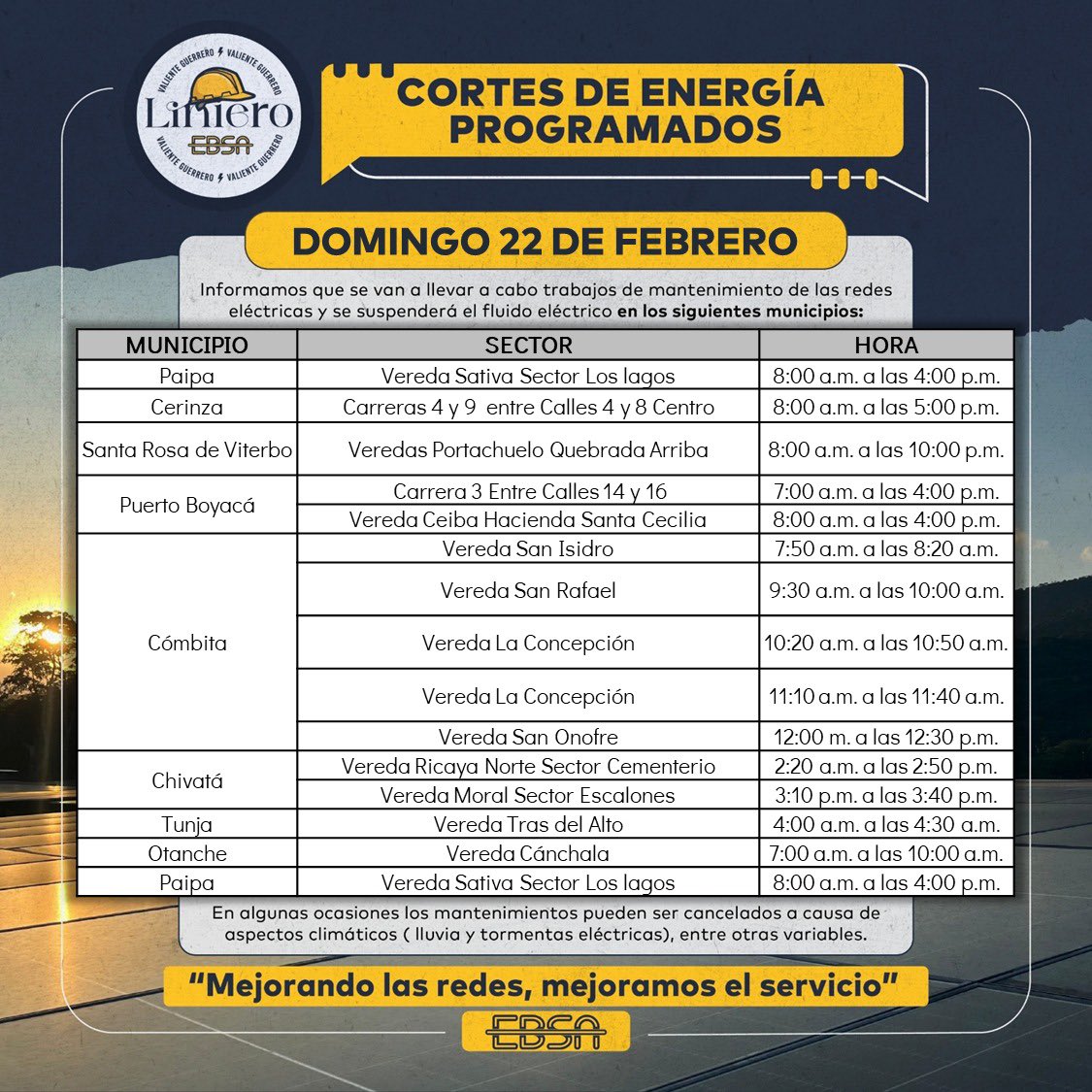 #CortesDeEnergía | La Empresa de Energía de Boyacá informa sobre los cortes de 💡energía programados, para el mantenimiento e instalación de redes hoy domingo en👇