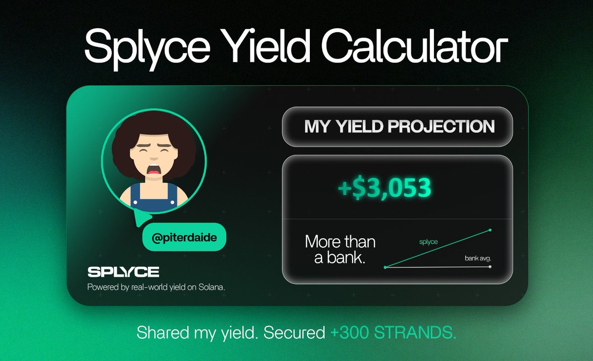 Just tested the real-world yield calculator from <a href="/SplyceFi/">Splyce Finance</a>.

My numbers came out +2,928.23% higher than leaving it in a bank.

Check yours: solana.splyce.finance/calculator?ref…