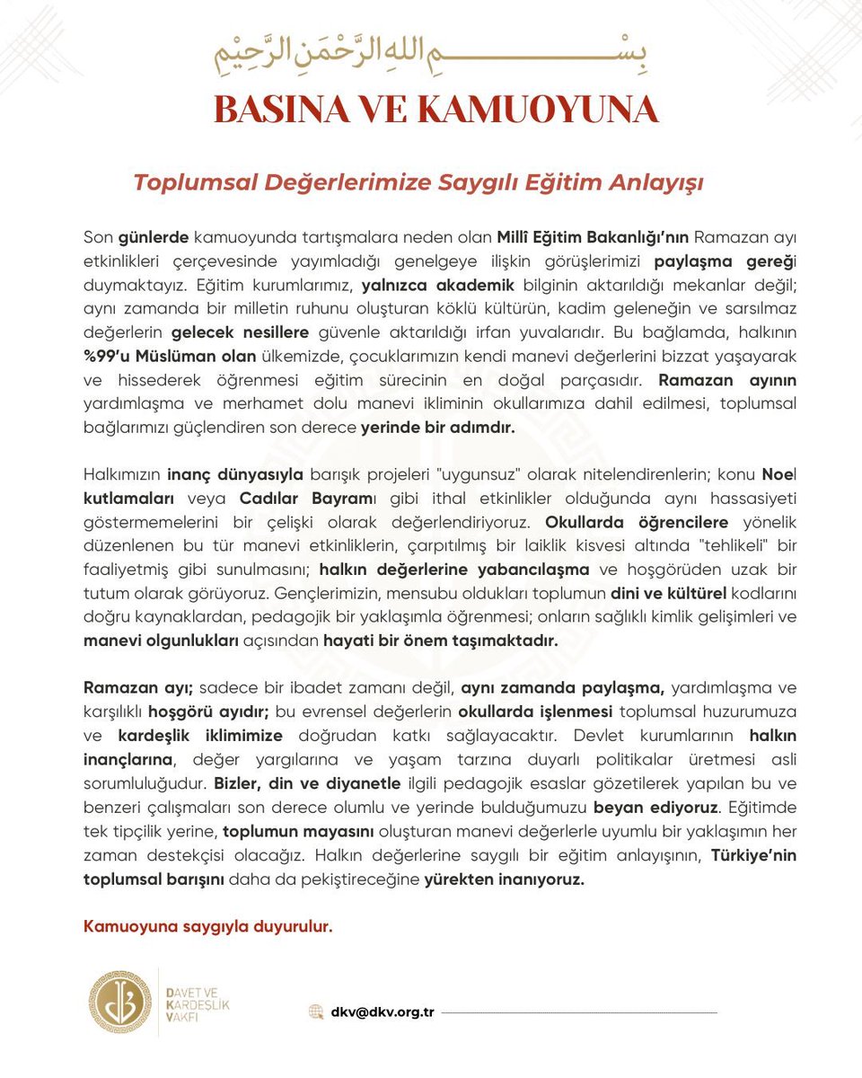 dkv_kadinveaile's tweet photo. Vakfımızdan Basın ve Kamuoyuna:
Millî Eğitim Bakanlığı’nın okullarda Ramazan ayı etkinliklerine ilişkin yayımladığı genelgeyi, toplumumuzun manevi değerleriyle uyumlu ve yapıcı bir adım olarak değerlendiriyoruz. https://t.co/cc8eMO1C5L