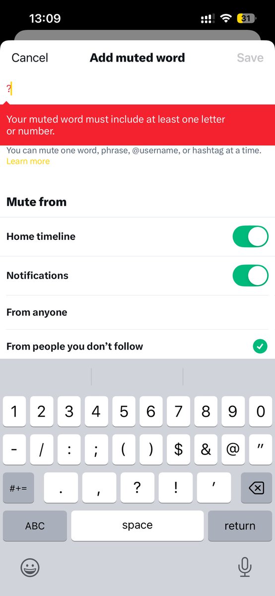 You can’t mute “?”

So I opted to mute vowels ending with a question, I will later add the entire alphabet if this works.
I hope any word that has word ending in a vowel and question mark will be muted.

I’m genuinely bored of seeing non relevant questions fill the TL