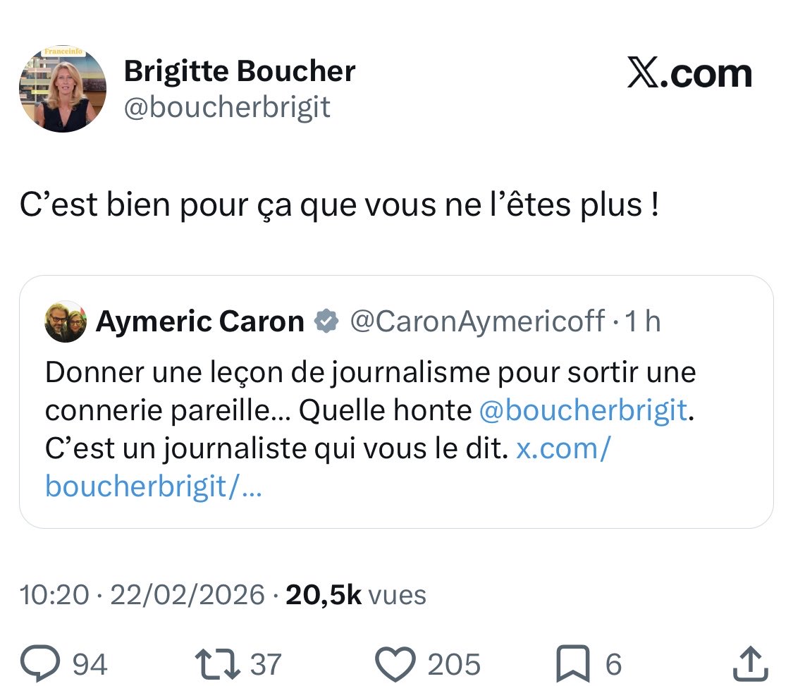 La punchline du jour est due <a href="/boucherbrigit/">Brigitte Boucher</a> qui fait face avec courage à la meute insoumise..
